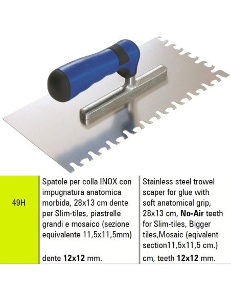 SPATOLA INOX PER STESURA COLLA SENZA ARIA SIGMA 49H 28X13 cm PER SLIM-TILES PIASTRELLE E MOSAICO